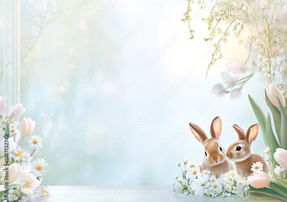 Oster-Illustration mit Textfreiraum – Zarte Frühlingsdesigns mit Eiern, Blumen und Häschen