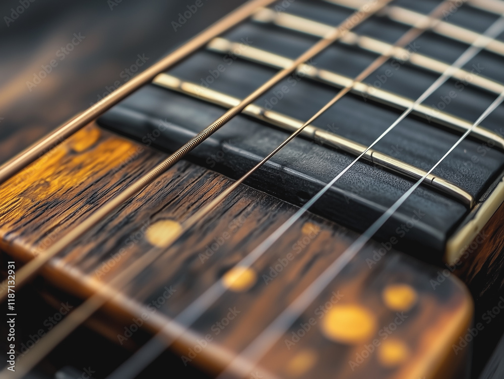 Close-up of wooden guitar fretboard showcasing intricate craftsmanship and texture.
Close-up of wooden guitar fretboard showcasing intricate craftsmanship and texture.