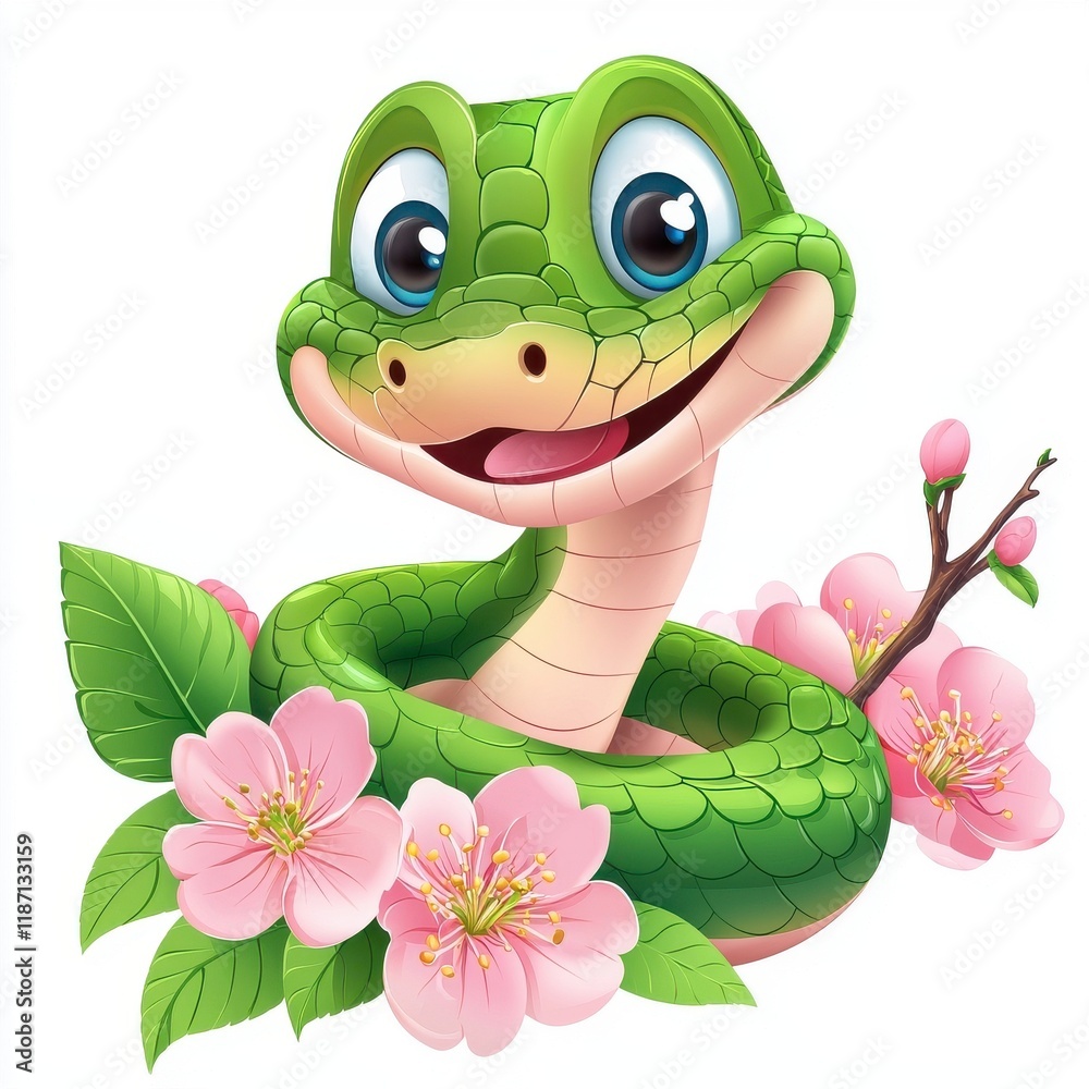 Fototapeta premium A cheerful cartoon snake surrounded by pink flowers, exuding a friendly and playful vibe.