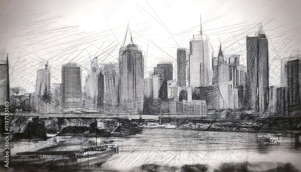 Fototapeta premium Stunning sketch-style cityscape panorama. Perfect for urban design, architecture, travel, or modern city themes. Evokes a sense of movement and energy.