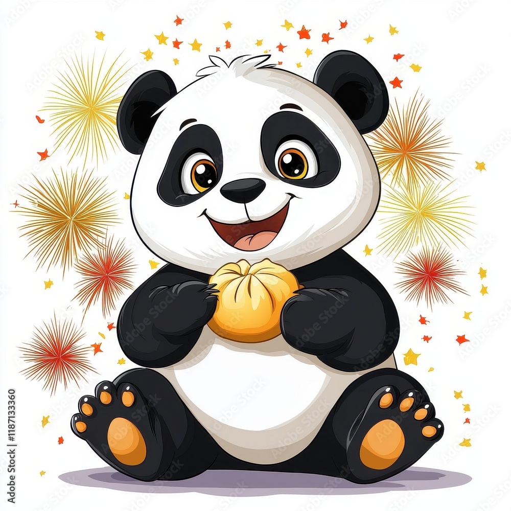 Obraz premium A cute cartoon panda holding a bun, surrounded by colorful fireworks, radiating joy and celebration.
