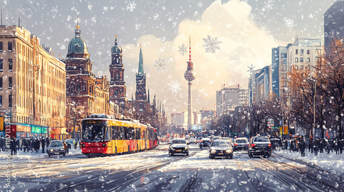 Winter city view of Berlin in the snow, with iconic street, vibrant city life and classic architecture photo