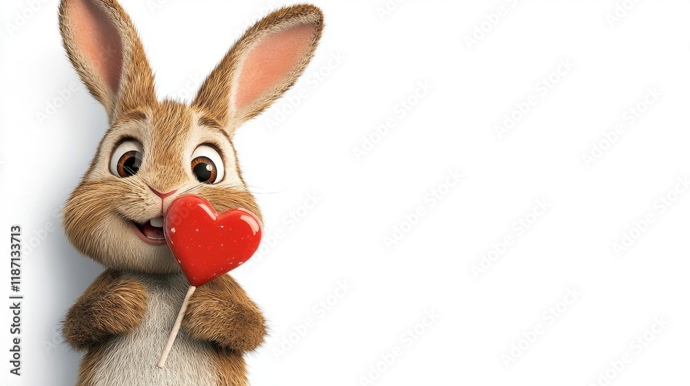 Fototapeta premium A cute animated rabbit holding a red heart-shaped lollipop, exuding joy and affection with a big smile.