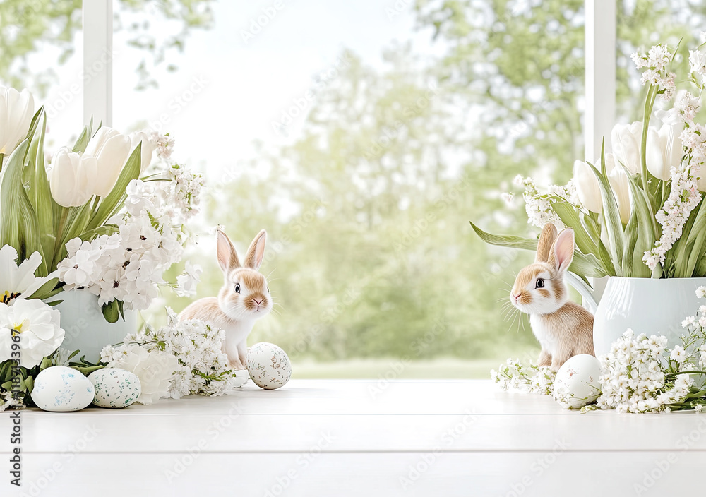 Oster-Illustration mit Textfreiraum – Zarte Frühlingsdesigns mit Eiern, Blumen und Häschen