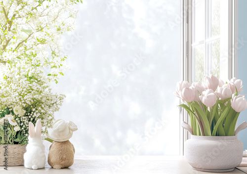Obraz na płótnie Oster-Illustration mit Textfreiraum – Zarte Frühlingsdesigns mit Eiern, Blumen und Häschen w salonie