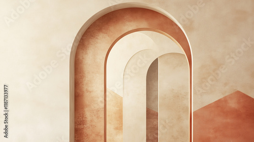 Layered geometric arches in soft beige, terracotta, and gold , marble background, modern, minimalist design