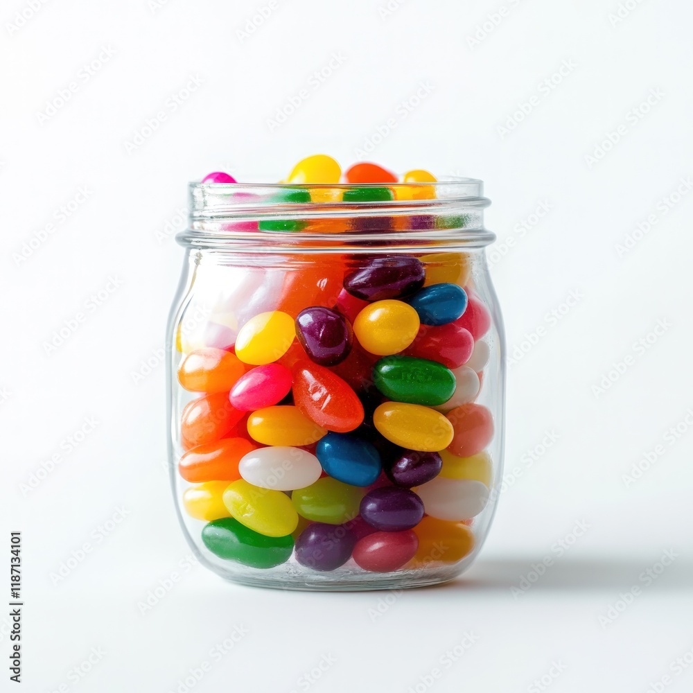 Colorful jelly beans in a glass jar, placed on a clean white surface, on pure white background with copy space Colorful jelly beans in a glass jar, placed on a clean white surface, on pure white background with copy space