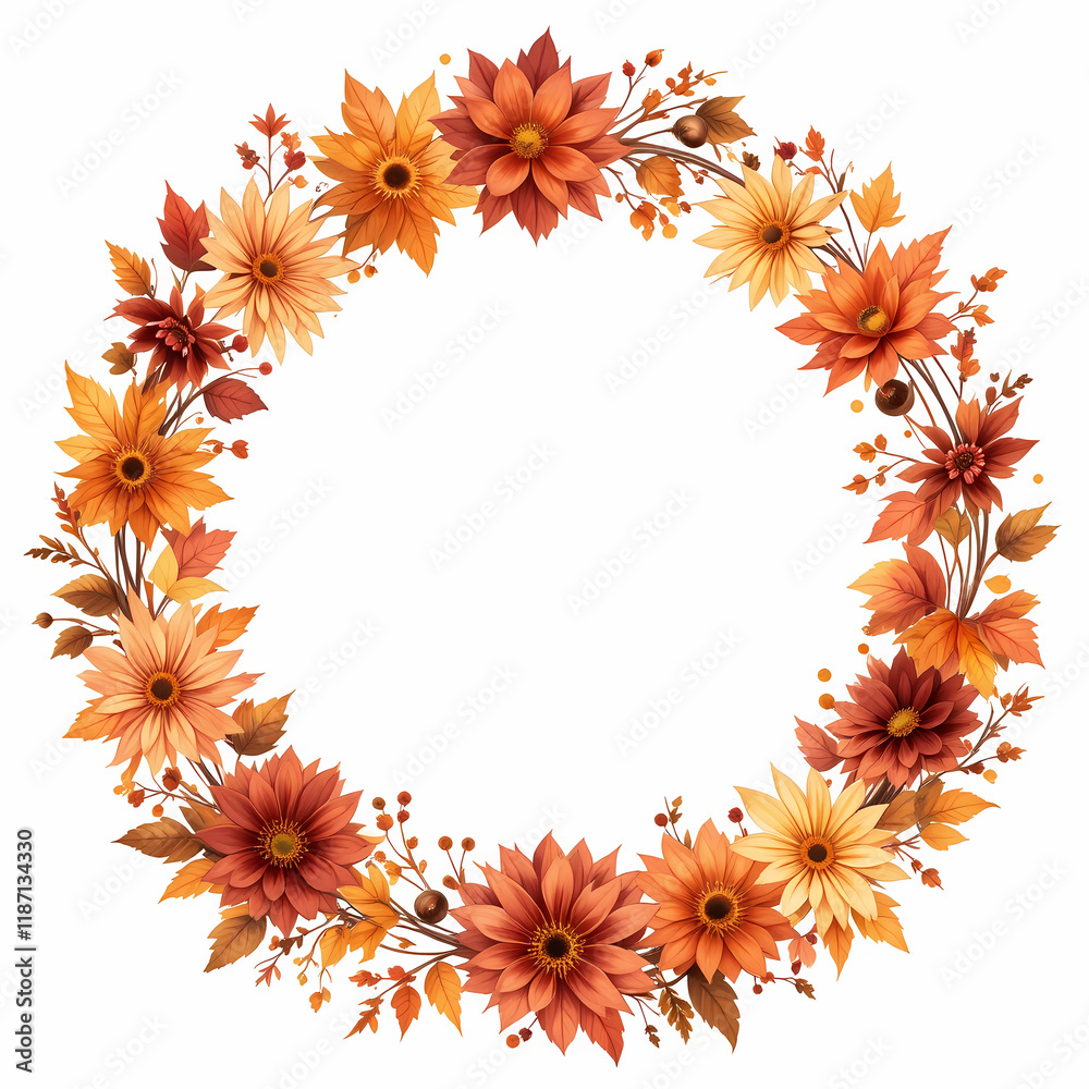 Obraz premium Rustic Autumn WatercolorCircular Floral Frame with Maple Leaves and Chrysanthemums