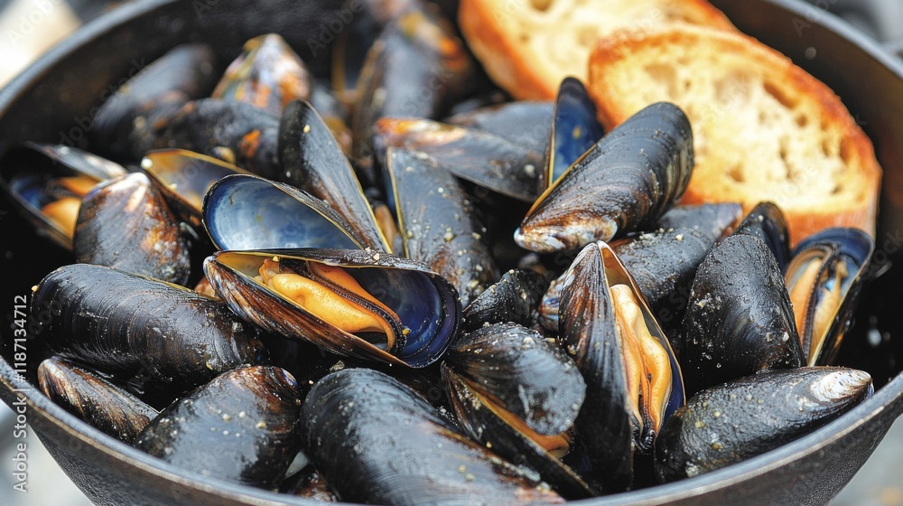Steamed Mussels With Crusty Bread Slices Steamed Mussels With Crusty Bread Slices