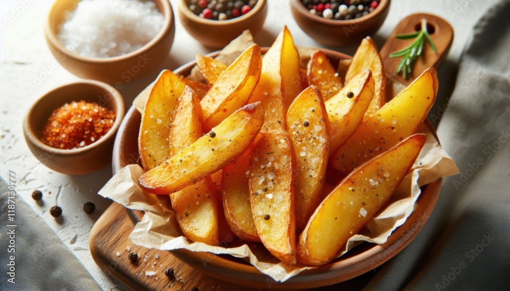 Crispy golden potato wedges, rustic ceramic bowl, fresh herbs garnish, sea salt flakes, peppercorns in background, raw potatoes, creamy dipping sauce, warm lighting, food photography, appetizing textu Crispy golden potato wedges, rustic ceramic bowl, fresh herbs garnish, sea salt flakes, peppercorns in background, raw potatoes, creamy dipping sauce, warm lighting, food photography, appetizing textu