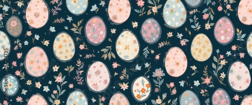 Colorful easter eggs and spring flowers pattern on dark background
