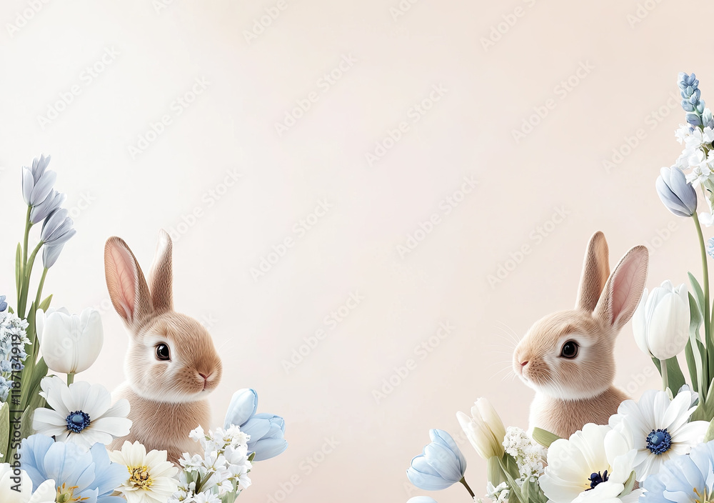 Oster-Illustration mit Textfreiraum – Zarte Frühlingsdesigns mit Eiern, Blumen und Häschen
