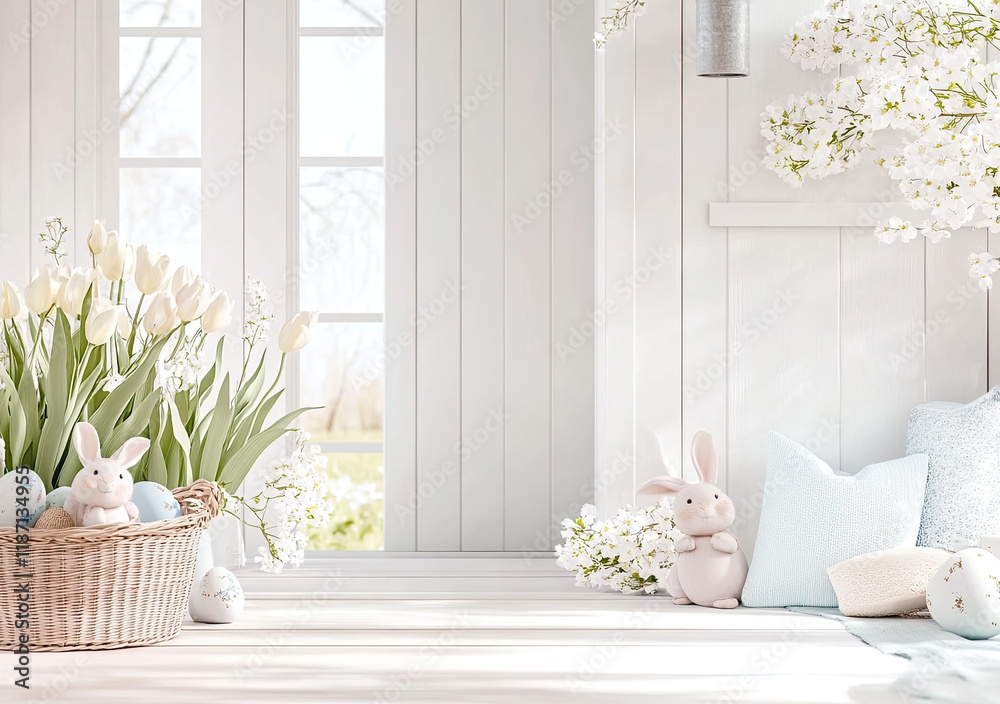 Oster-Illustration mit Textfreiraum – Zarte Frühlingsdesigns mit Eiern, Blumen und Häschen