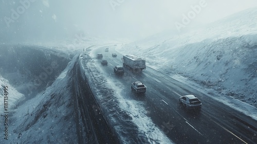 Snow covered highway amidst a whiteout blizzard for winter travel concepts and weather challenges.