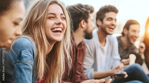 Group of diverse young people laughing together, showcasing unity, friendship, and the joy of shared moments in a multicultural setting.