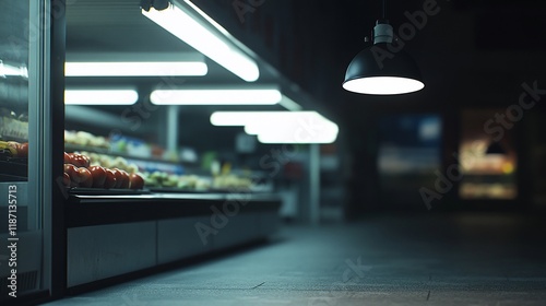 Dark, dimly lit grocery store aisle with produce display.