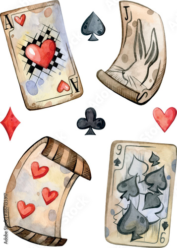 Watercolor hand painted playing cards set. Illustration isolated on white background. Use it for postcards, invitations, and scrapbooking