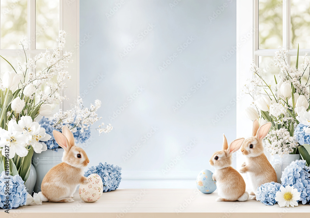 Oster-Illustration mit Textfreiraum – Zarte Frühlingsdesigns mit Eiern, Blumen und Häschen