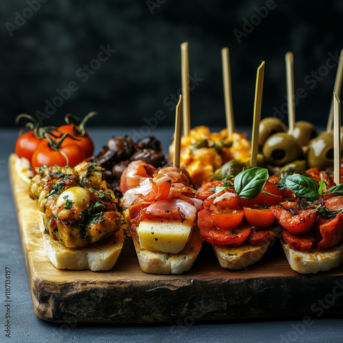 Gourmet appetizers on a wooden platter photo