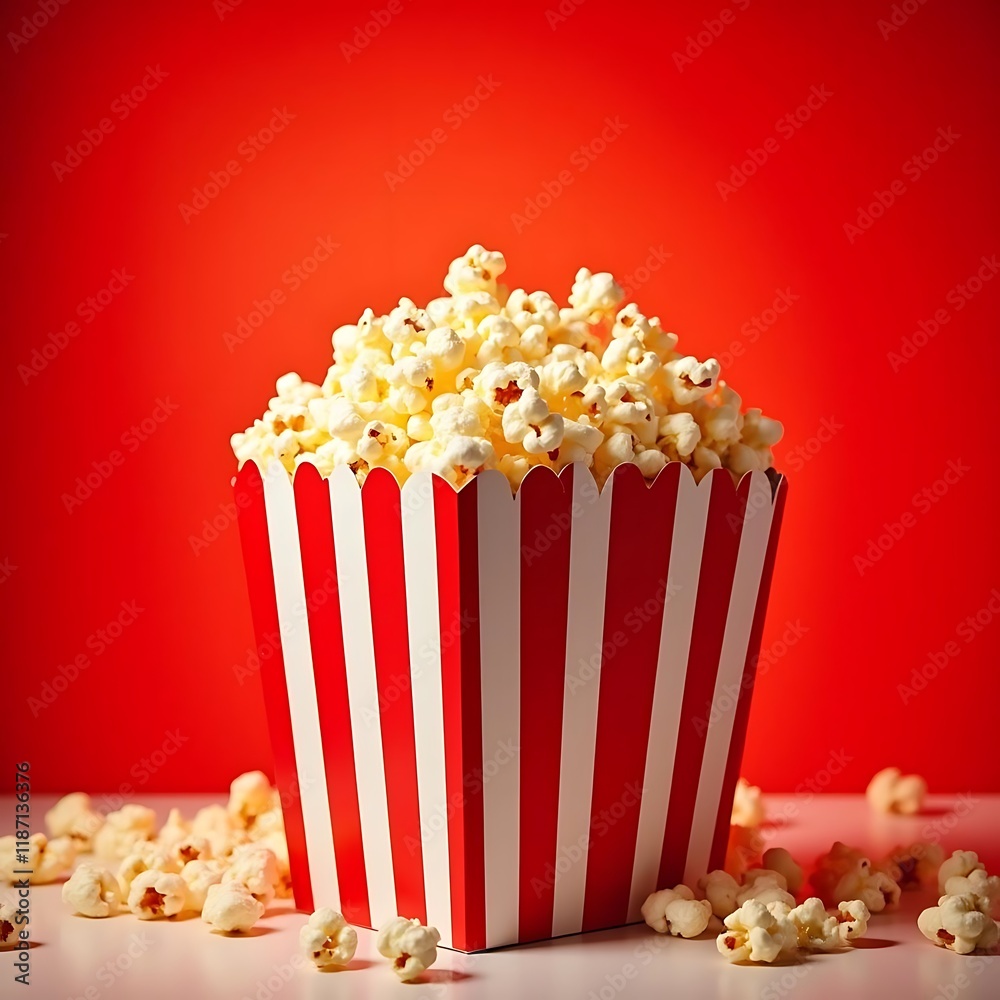 Falling popcorn in a redwhite stripes box on red background Falling popcorn in a redwhite stripes box on red background
