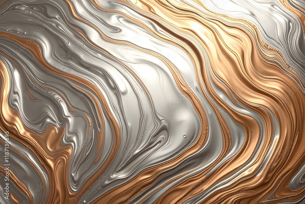 Obraz premium Abstract metallic waves in silver and copper tones create a dynamic, fluid texture.
