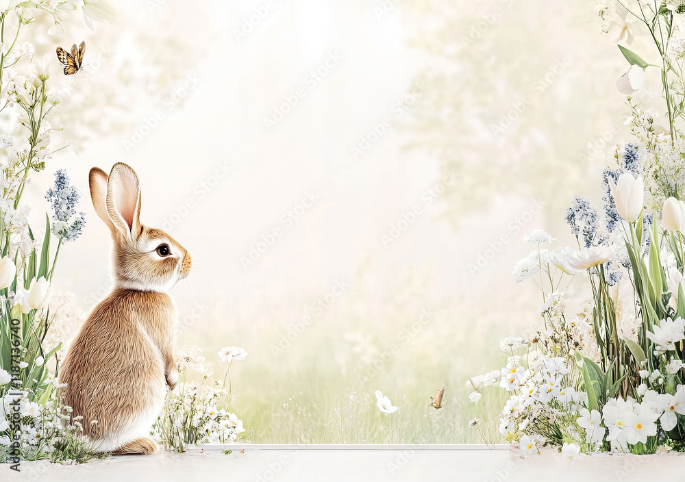 Oster-Illustration mit Textfreiraum – Zarte Frühlingsdesigns mit Eiern, Blumen und Häschen