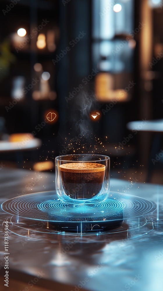 Mocha coffee mug holographic interfaces displayed on a digital surface Mocha coffee mug holographic interfaces displayed on a digital surface