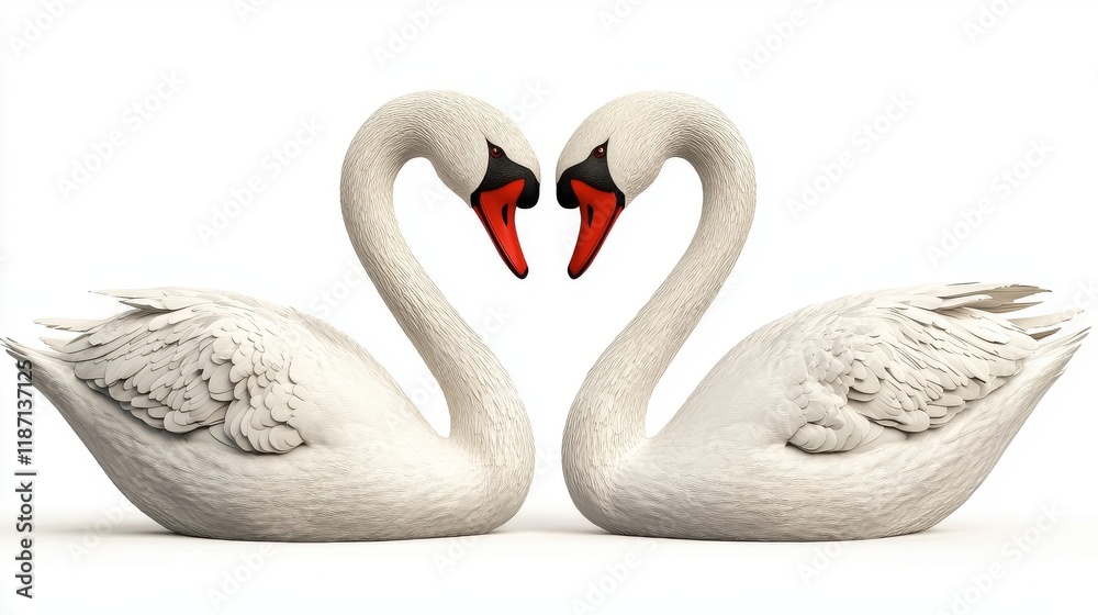 Fototapeta premium Two elegant swans form a heart shape with their necks, symbolizing love and unity in a serene, minimalist setting.