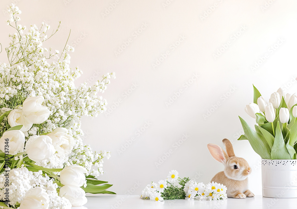 Oster-Illustration mit Textfreiraum – Zarte Frühlingsdesigns mit Eiern, Blumen und Häschen