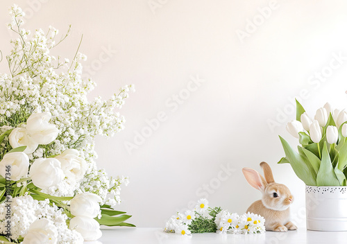 Obraz na płótnie Oster-Illustration mit Textfreiraum – Zarte Frühlingsdesigns mit Eiern, Blumen und Häschen w salonie
