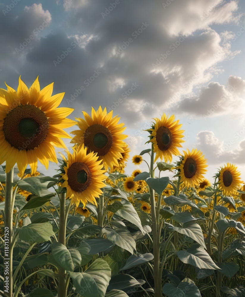 Fototapeta premium A field of sunflowers stretching towards the sky on a summer morning, their tall stalks swaying gently in the breeze on a cloudy day , sunflowers, nature
