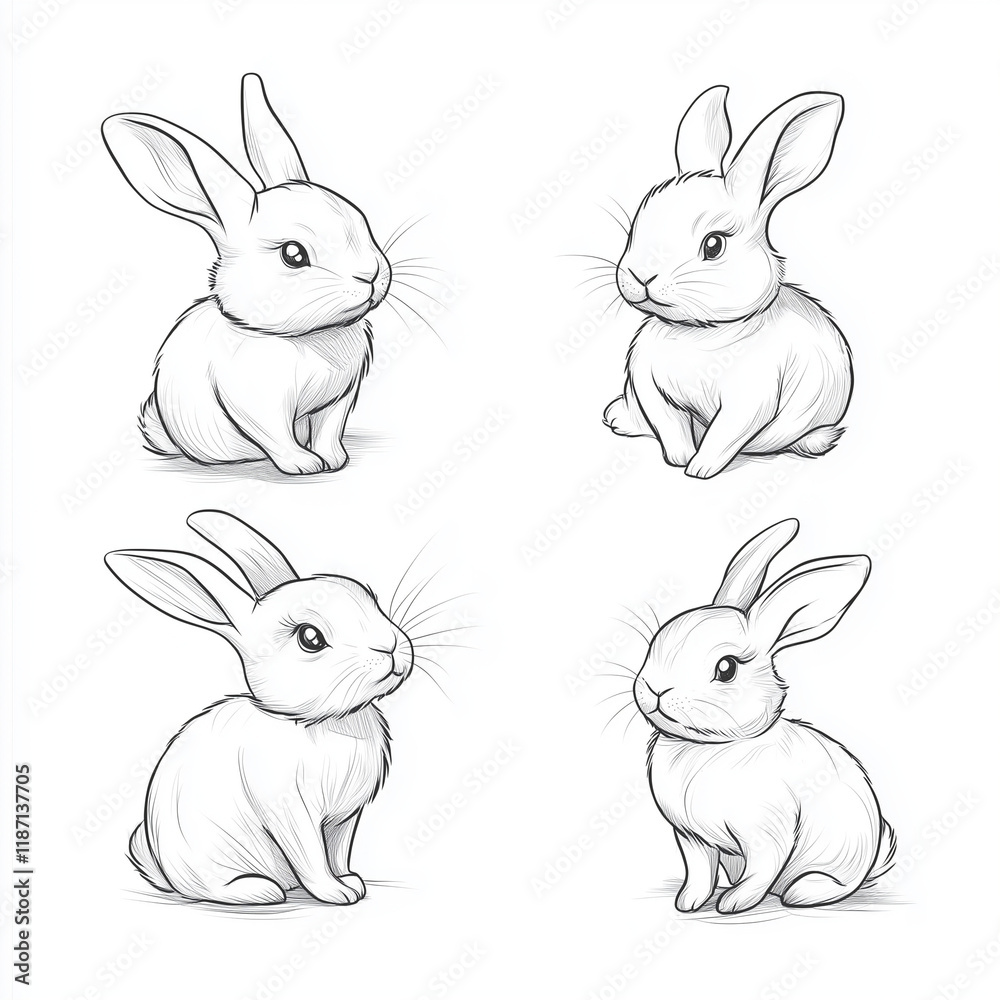 Fototapeta premium Cute Bunny Rabbit Outline Sketch Vector Illustration with Minimal Line Art Doodle in Different Poses