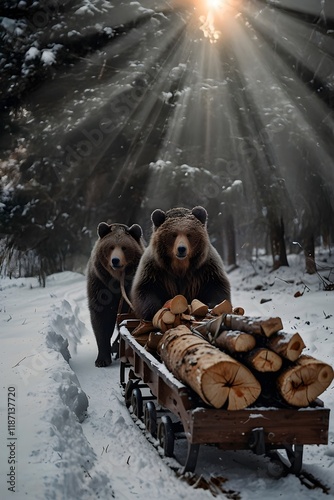 A bear near a firewood cart in a snowy forest