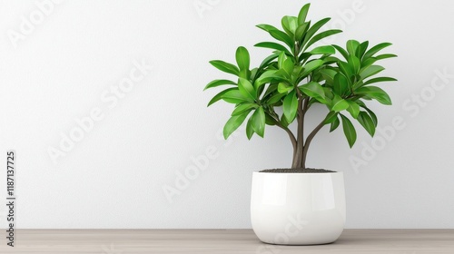 A small green plant in a white pot sits on a wooden surface against a plain wall, adding a touch of nature to the indoor space.