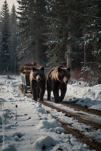 A bear near a firewood cart in a snowy forest
