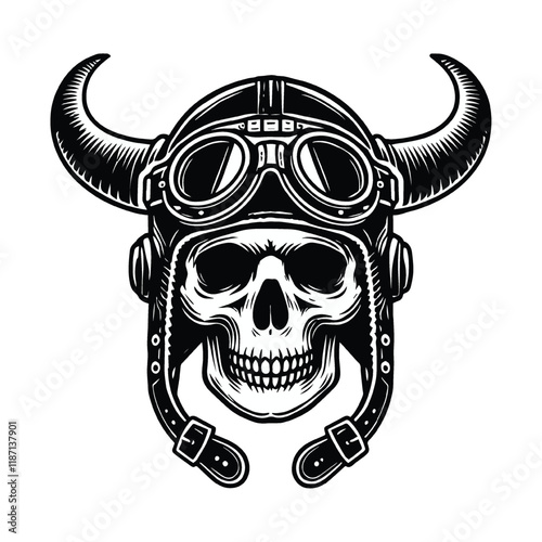 Black skull in helmet with horns vector illustration. Vintage dead head in helmet with glasses