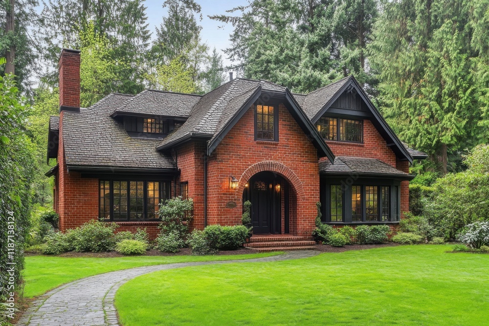 Charming brick home surrounded by lush greenery in a serene forest setting, showcasing beautiful architecture and a welcoming pathway on a sunny day Charming brick home surrounded by lush greenery in a serene forest setting, showcasing beautiful architecture and a welcoming pathway on a sunny day