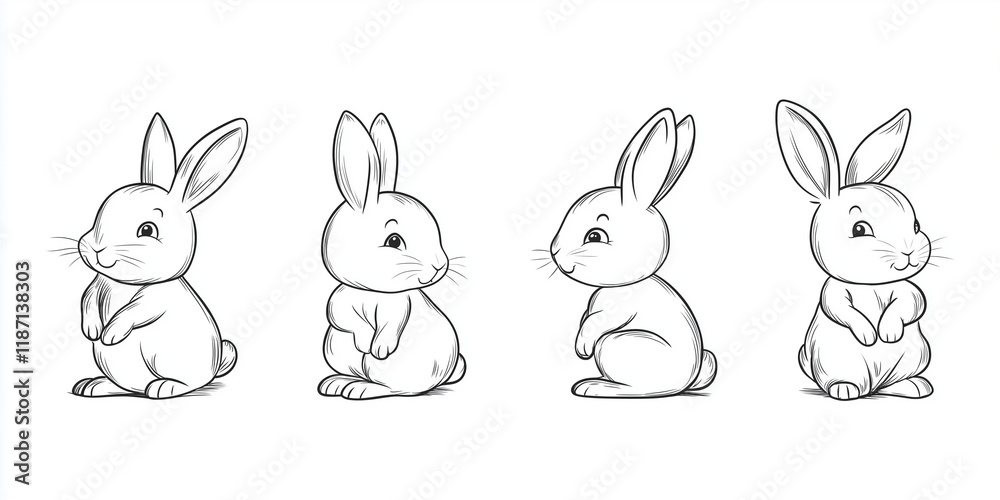 Fototapeta premium Cute Bunny Rabbit Outline Sketch Vector Illustration with Minimal Line Art Doodle in Different Poses