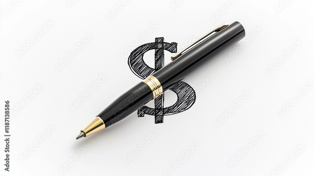 Naklejka premium A sleek black pen rests on a drawn dollar sign, symbolizing finance, contracts, and monetization.