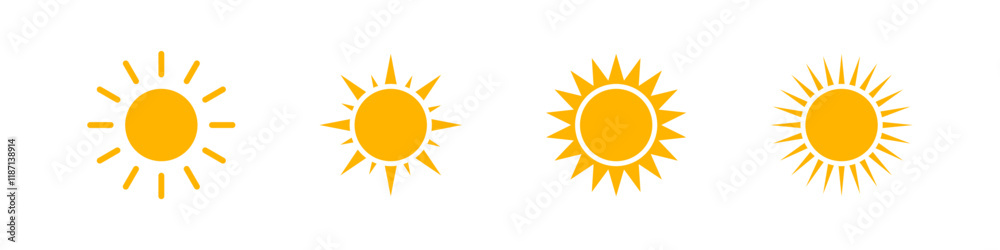 Sun icon. Sun shine sign. Isolated sunny cymbol. Sunshine vector set. Sun icon. Sun shine sign. Isolated sunny cymbol. Sunshine vector set.