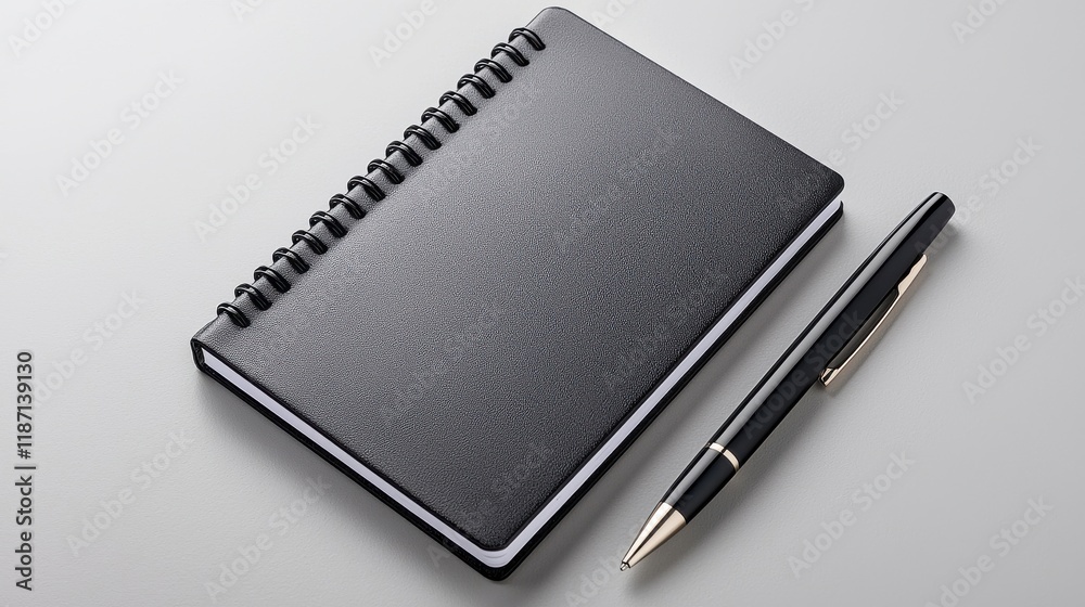 A sleek black notebook is paired with a stylish pen, set against a minimalistic background, perfect for jotting down ideas or notes. A sleek black notebook is paired with a stylish pen, set against a minimalistic background, perfect for jotting down ideas or notes.