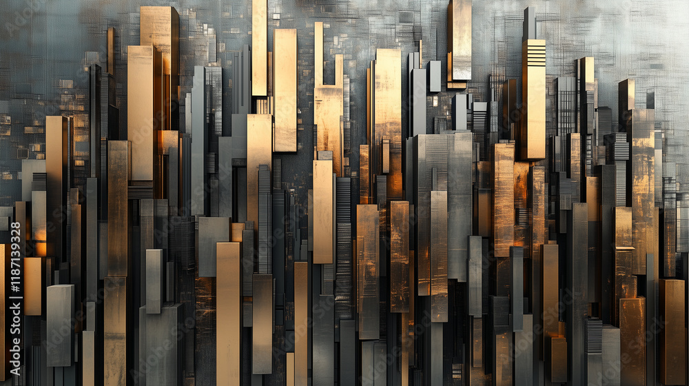 Obraz premium An abstract cityscape with layered skyscrapers in metallic hues wall frame canvas art, 3d illustration