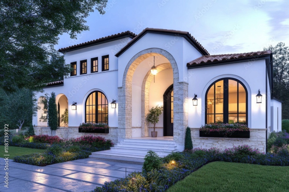 Elegant modern home with traditional architecture features a spacious entryway, lush gardens, and warm evening lighting, showcasing beauty and comfort in a tranquil setting Elegant modern home with traditional architecture features a spacious entryway, lush gardens, and warm evening lighting, showcasing beauty and comfort in a tranquil setting