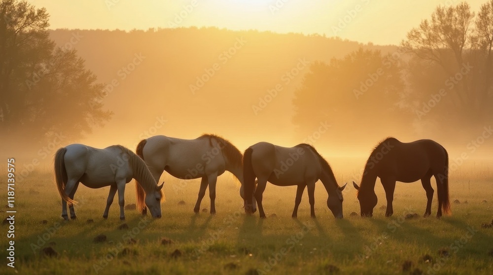 Fototapeta premium Serene Morning Meadow with Grazing Horses