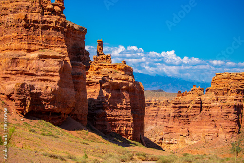 Charyn Canyon, Valley of Castles. The excellence of Kazakhstan. Panorama of natural unusual landscape. The red canyon of extraordinary beauty looks like a Martian landscape.