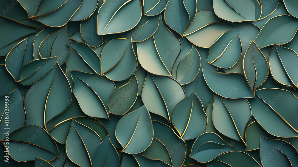 Abstract leaves overlapping in layers of green and gold wall frame canvas art, 3d illustration Abstract leaves overlapping in layers of green and gold wall frame canvas art, 3d illustration