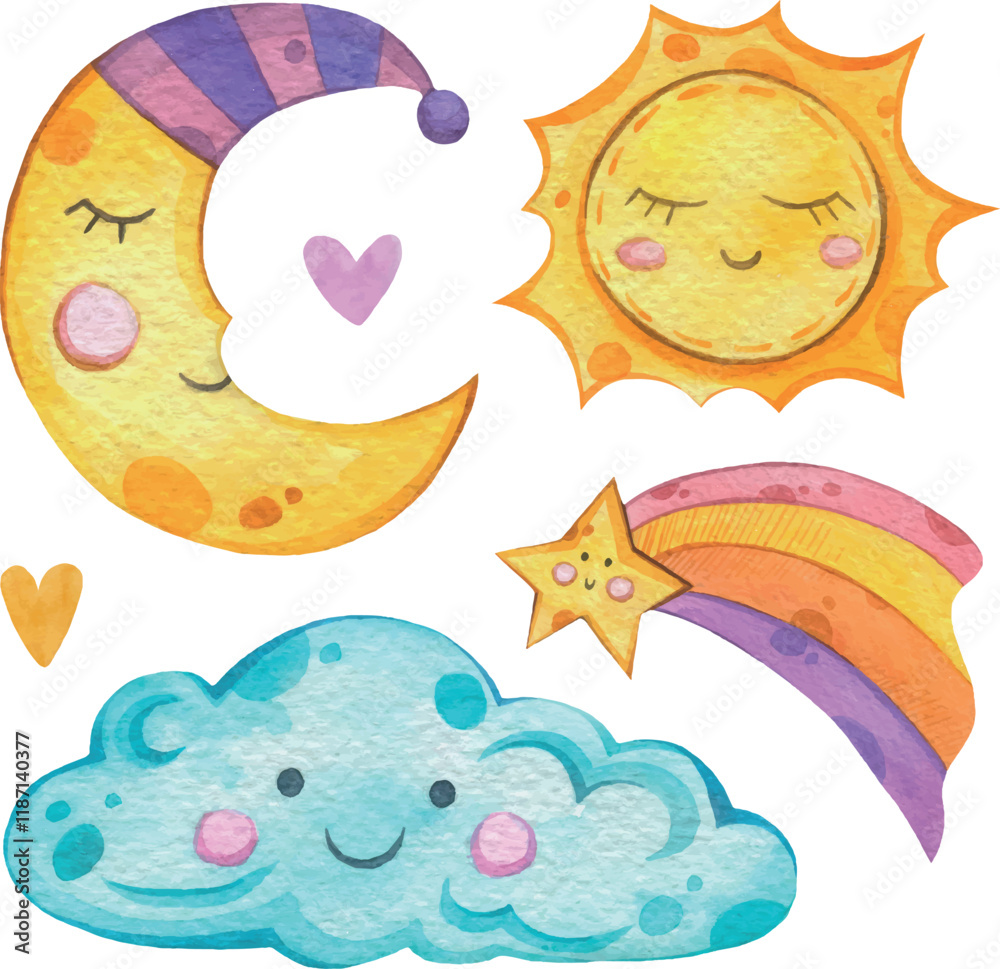 Watercolor hand painted cute weather set. Cloud, sun, rainbow, moon, stars. Illustration isolated on white background. Use it for postcards, invitations and scrapbooking. Watercolor hand painted cute weather set. Cloud, sun, rainbow, moon, stars. Illustration isolated on white background. Use it for postcards, invitations and scrapbooking.