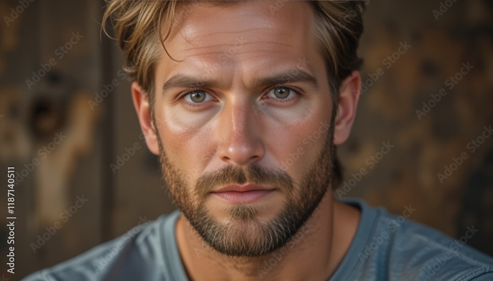 Warm sunlight highlights the chiseled features of a man with a soulful expression Warm sunlight highlights the chiseled features of a man with a soulful expression