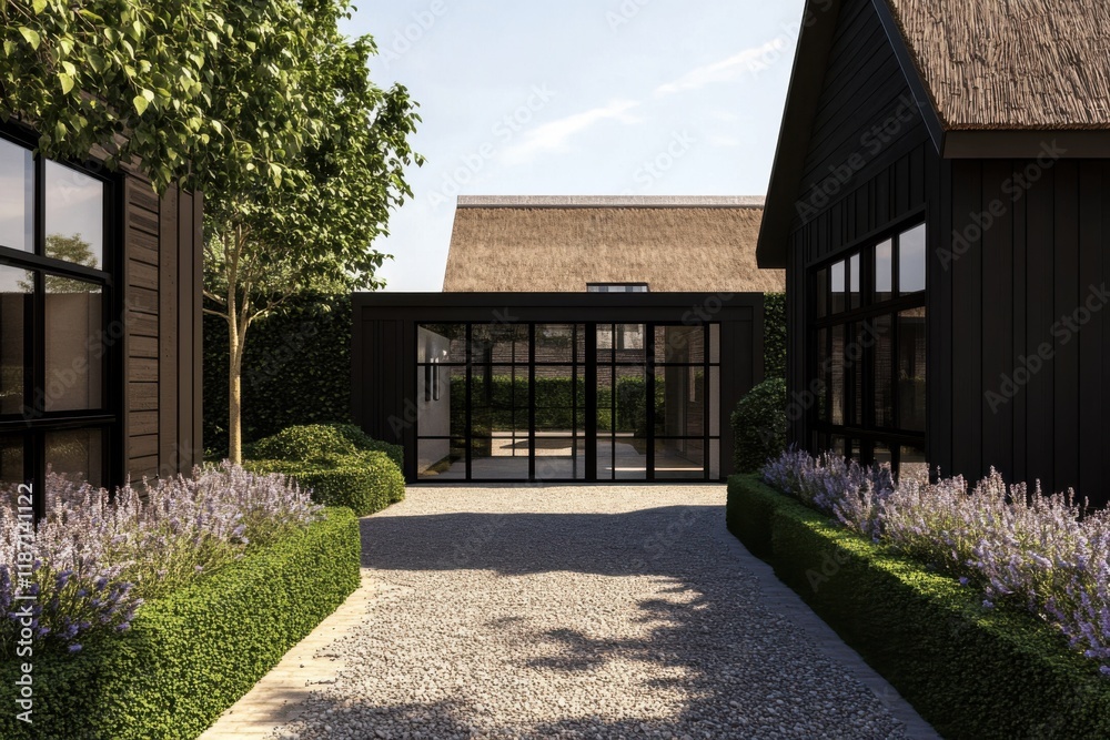 Modern architecture showcases tranquil garden pathway between stylish black buildings and lush greenery during a sunny day Modern architecture showcases tranquil garden pathway between stylish black buildings and lush greenery during a sunny day