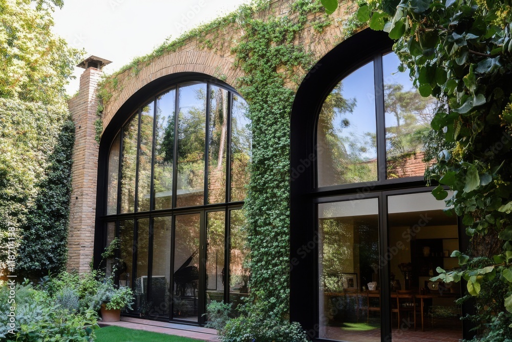 Modern architectural design features a large glass facade covered in greenery, blending nature with contemporary elements in a serene outdoor setting Modern architectural design features a large glass facade covered in greenery, blending nature with contemporary elements in a serene outdoor setting